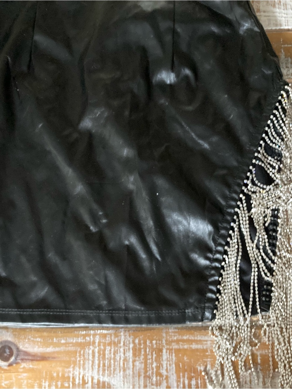 Windsor Black Faux Leather Mini Skirt with Silver Beaded Fringe